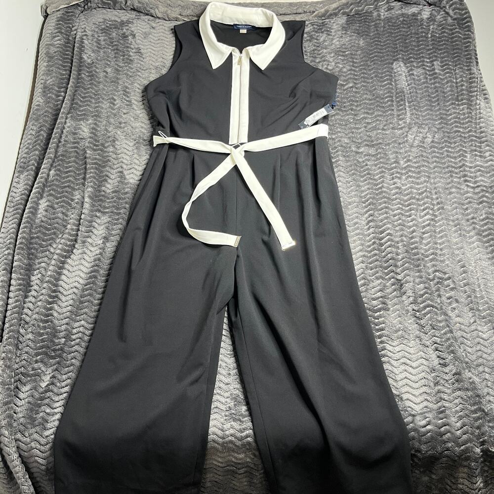 Tommy Hilfiger Women Black Wide-Leg Jumpsuit White Collar Belted Zip size 16 NWT